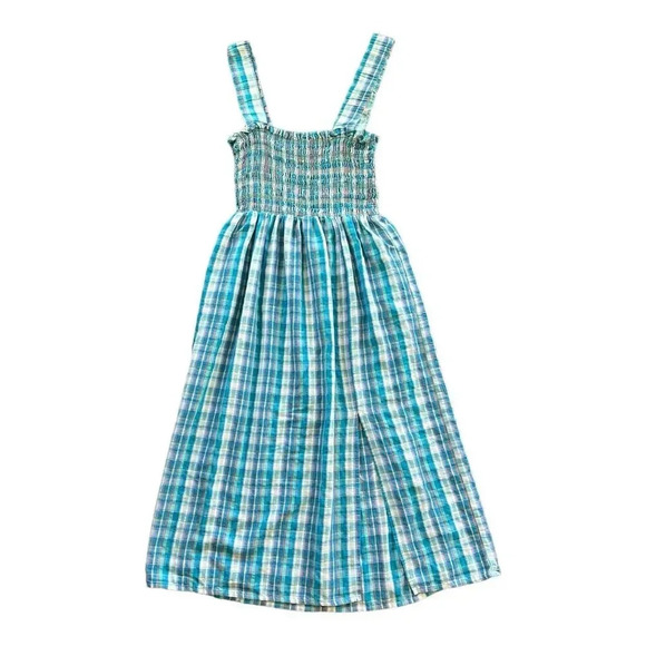 Nicholas Blue Checked Smocked Apron Midi Dress 2 - Picture 2 of 9